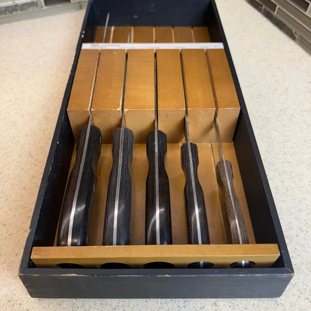 Vintage 1960s Ekco Arrowhead Knife Set 5 Piece Wood Handle USA Maple Wall Holder